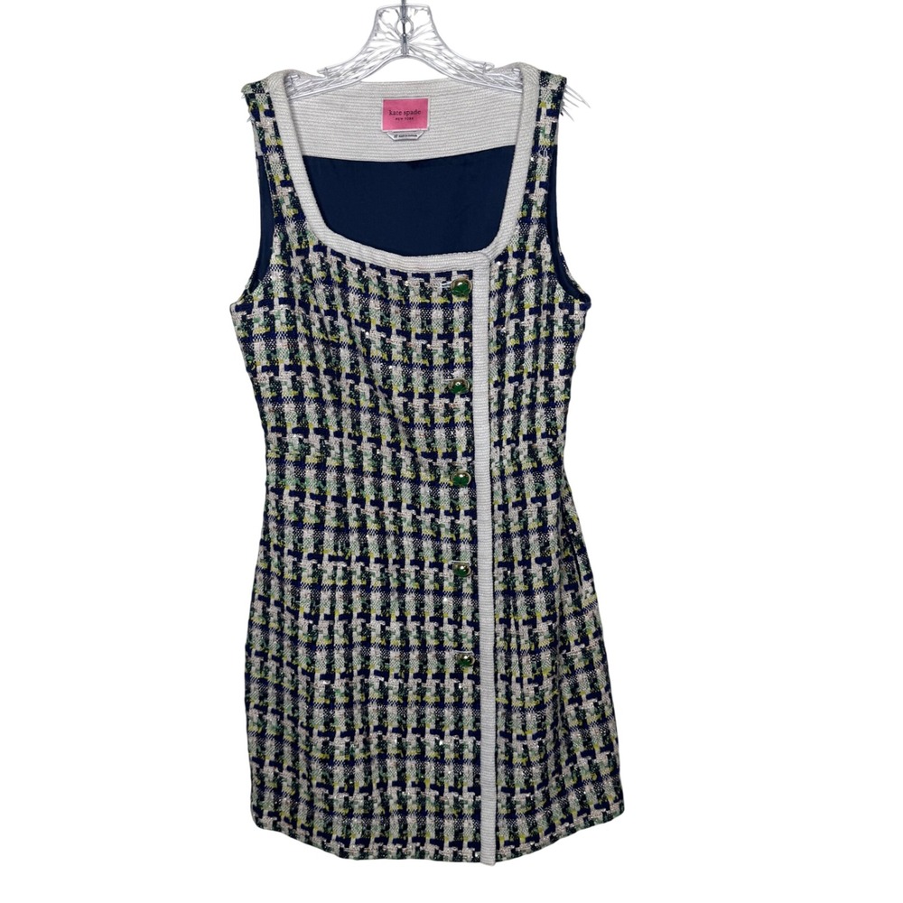 Kate Spade New York Tweed Sequin Shift‎ Dress Navy Green Clover Buttons Size 10